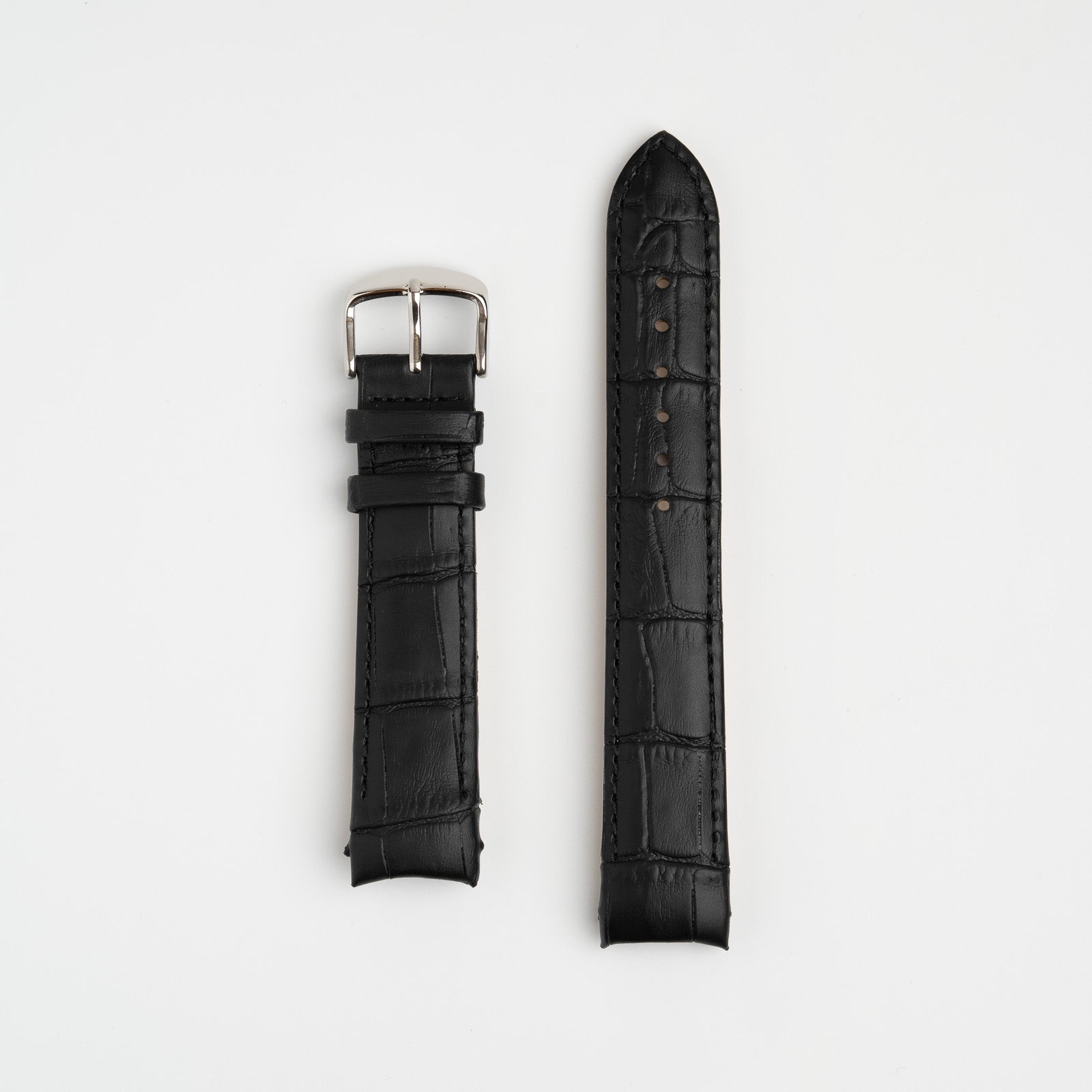 Black Curved End Alligator Grain Leather Watch Strap 18m, 20mm, 22mm & 24mm