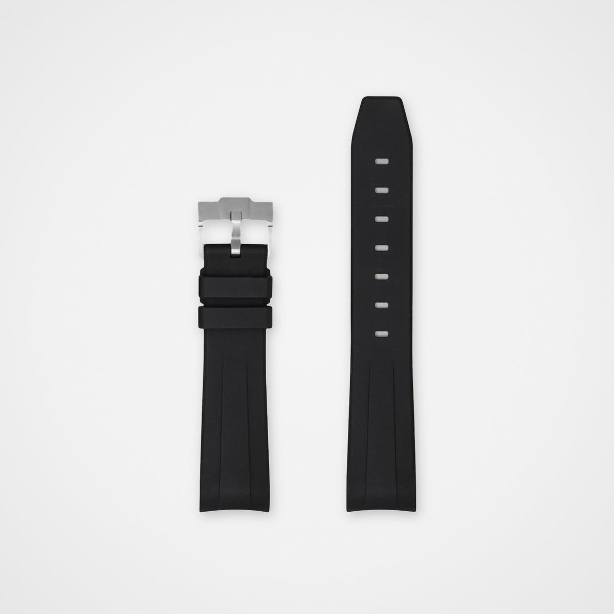 Black Salcombe FKM rubber watch strap, both pieces laid flat