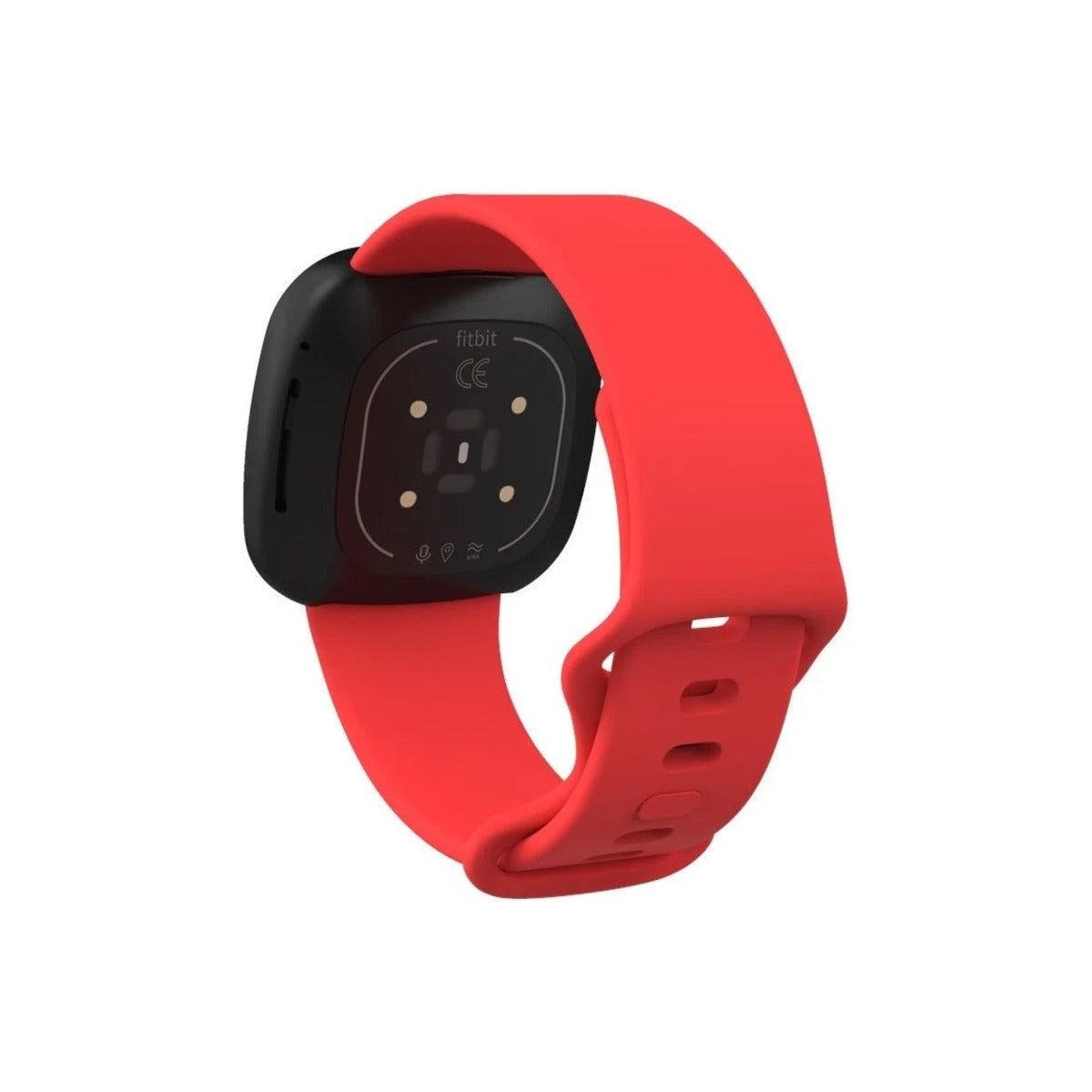 Red silicone strap on a Fitbit Sense