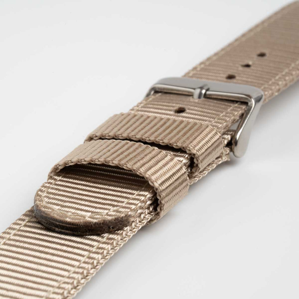 Nylon Quick Release Beige Watch Strap, close-up of the buckle and keepers