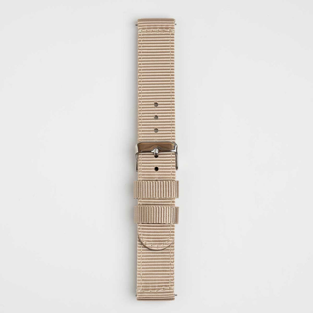 Nylon Quick Release Beige Watch Strap, buckled up, front view