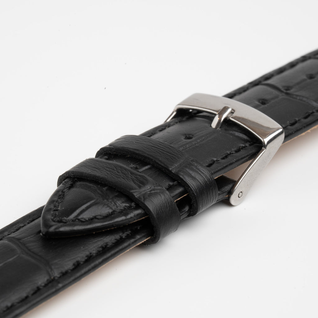 Black Mayfair Super Quick Release watch strap, close-up of the buckle and keepers