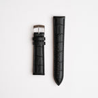 Black Mayfair Super Quick Release watch strap, laid flat with its buckle