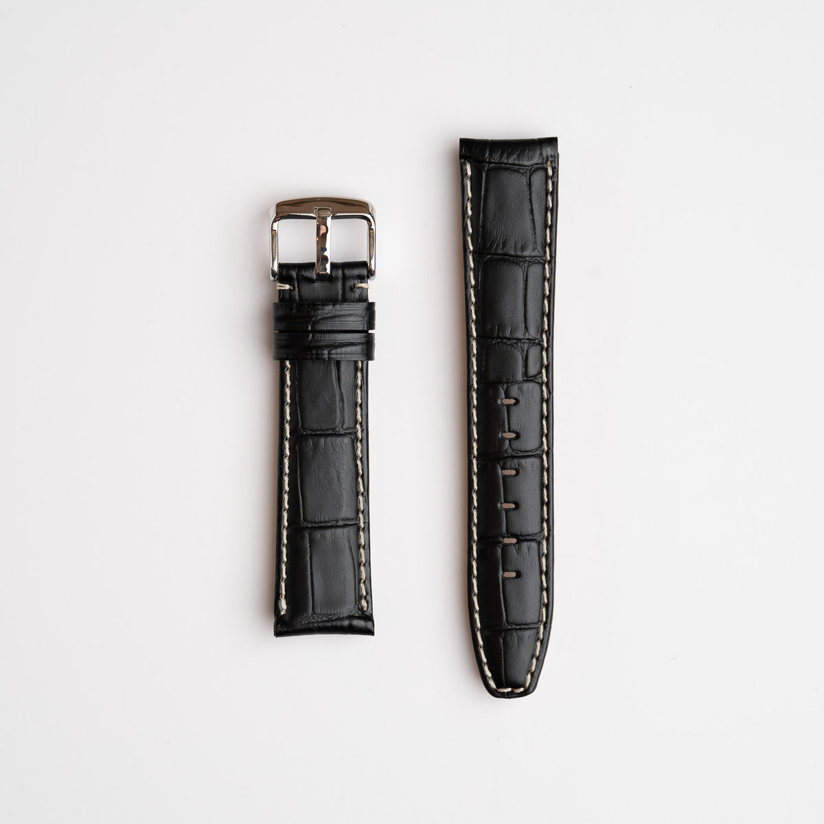 Black Mayfair Alligator watch strap, laid flat with its buckle