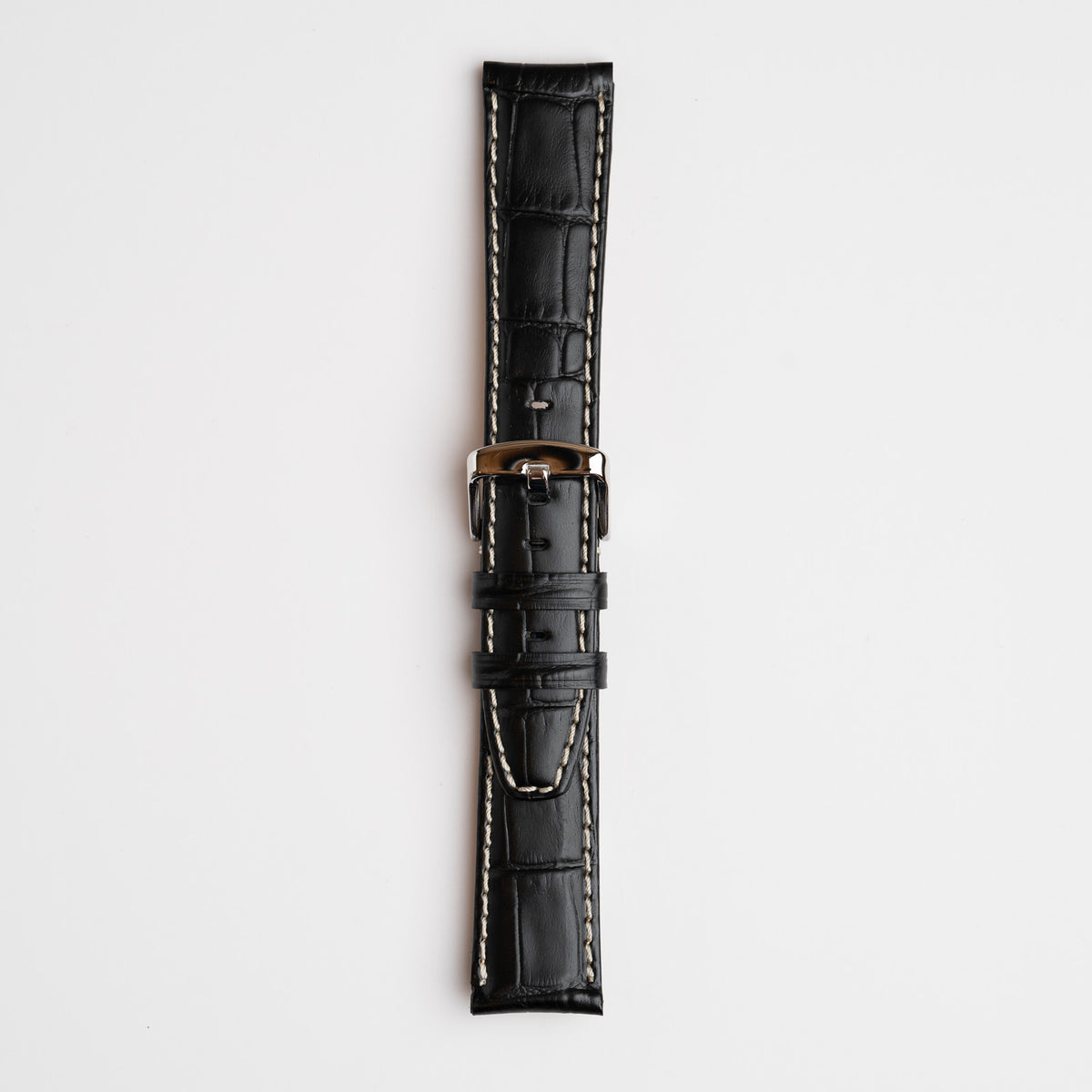 Black Mayfair Alligator watch strap, buckled, front view