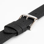 Canvas Black Watch Strap, close-up of the buckle and keepers