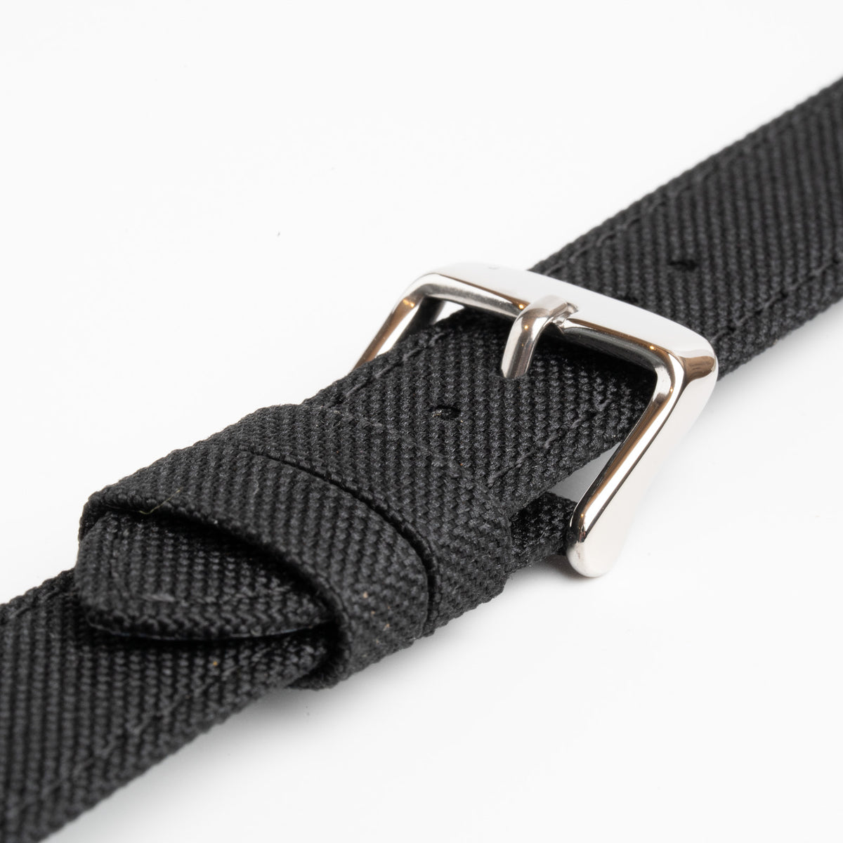 Canvas Black Watch Strap, close-up of the buckle and keepers