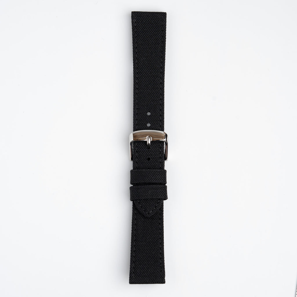 Canvas Black Watch Strap, buckled up, front view