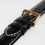 Black Mayfair Classic watch strap, close-up of the buckle and keepers