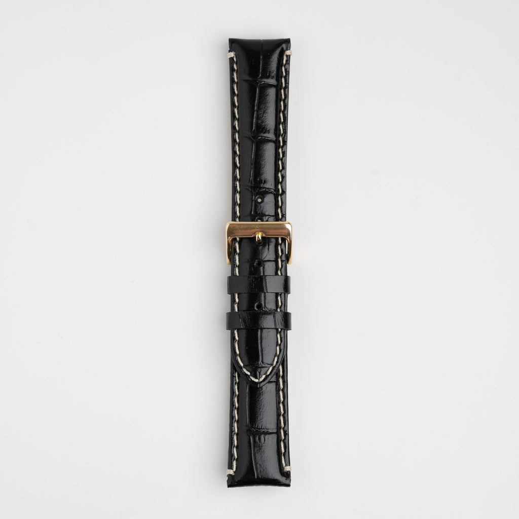 Black Mayfair Classic watch strap, buckled, front view