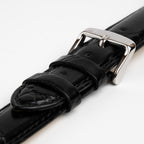 Black Mayfair Super watch strap, close-up of the buckle and keepers