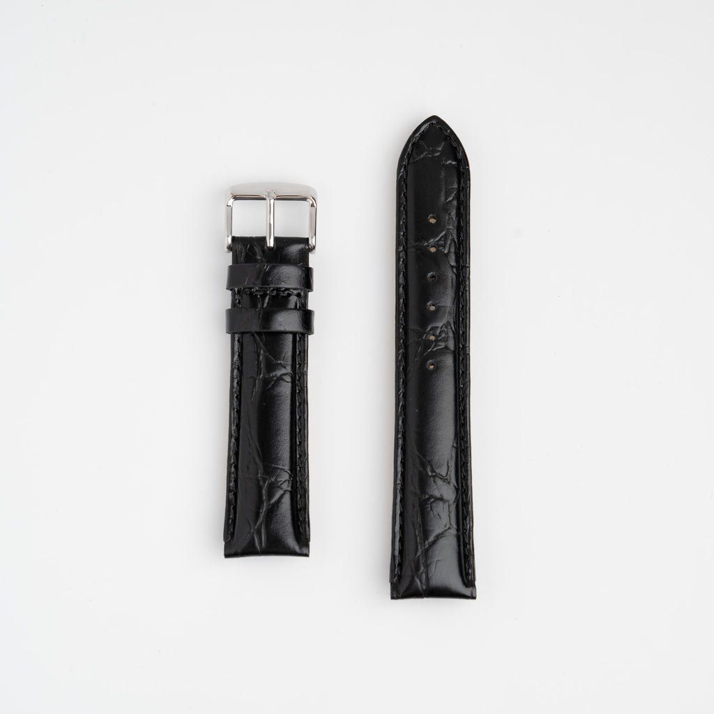 Black Mayfair Super watch strap, laid flat with its buckle