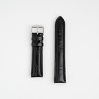 Black Mayfair Super watch strap, laid flat with its buckle