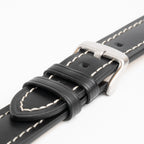 Windsor Bold Black Watch Strap, close-up of the buckle and keepers