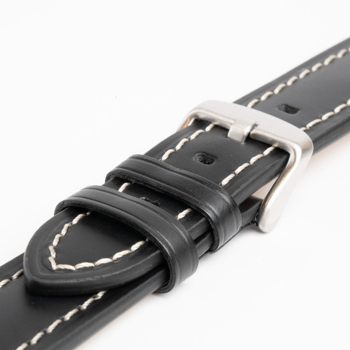 Windsor Bold Black Watch Strap, close-up of the buckle and keepers