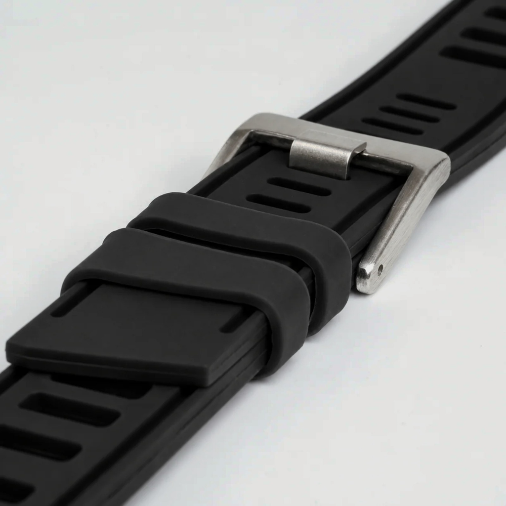 Close-up of the black Submerge ISO Dive strap's buckle and keepers