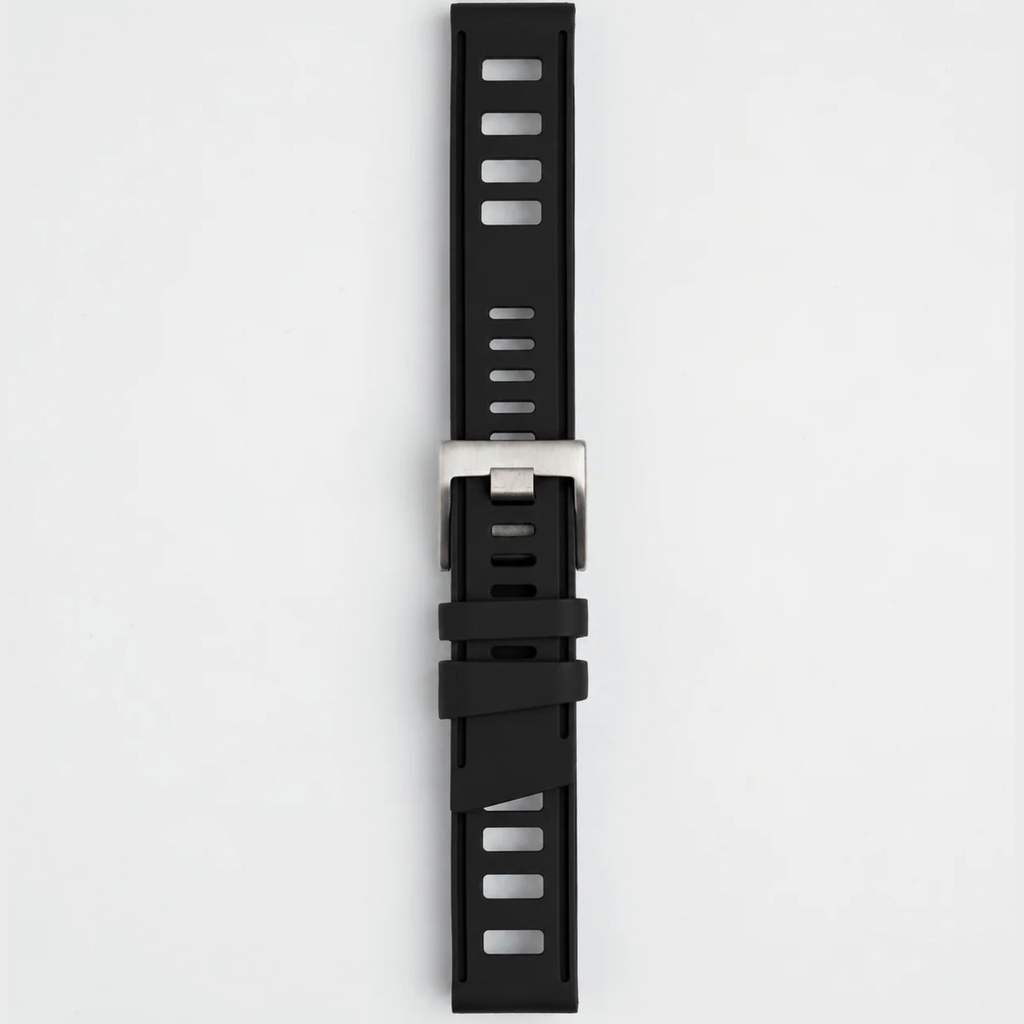 Black Submerge ISO Dive silicone watch strap, buckled, front view