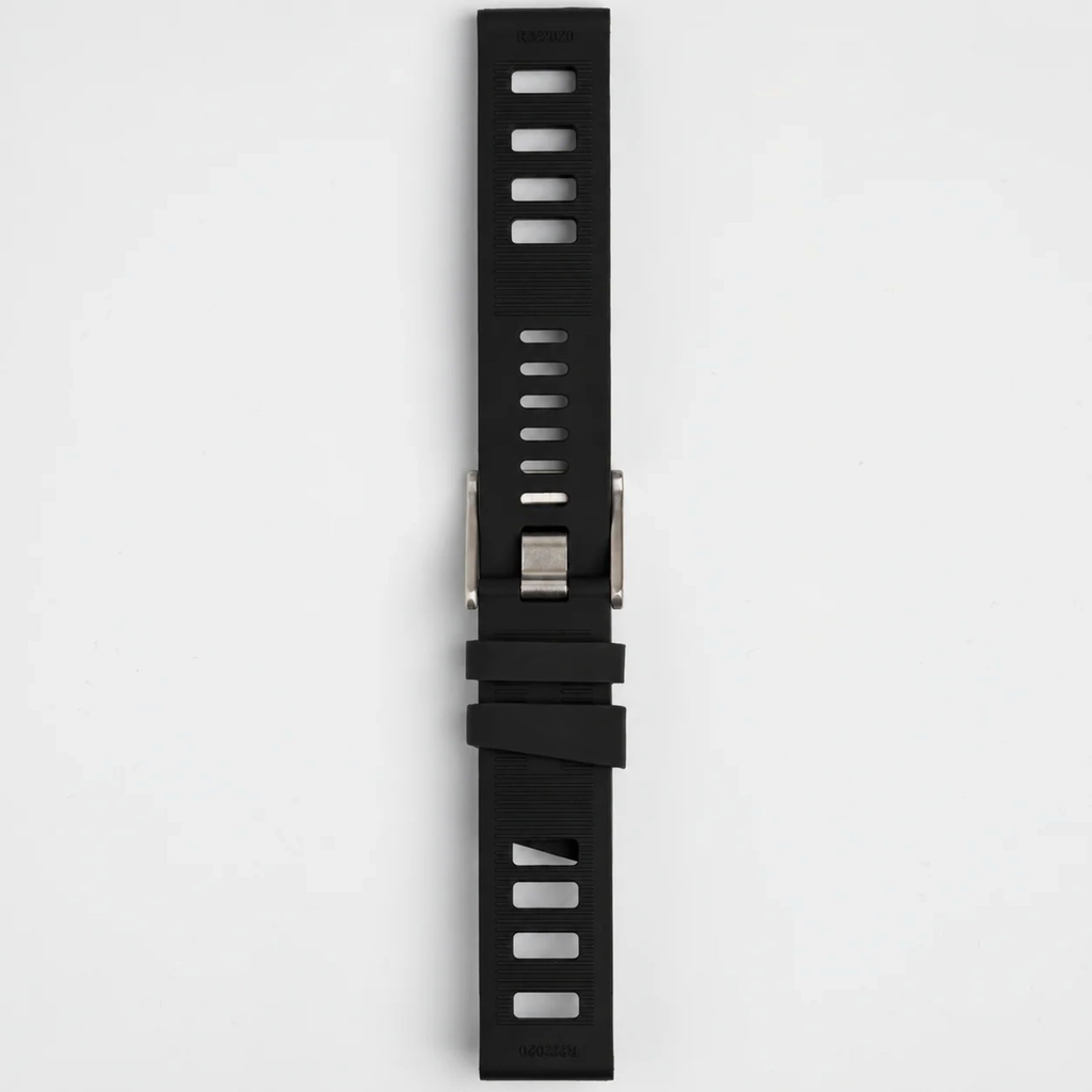 Black Submerge ISO Dive silicone watch strap, buckled, back view