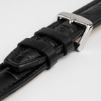 Black Mayfair Contour watch strap, close-up of the buckle and keepers