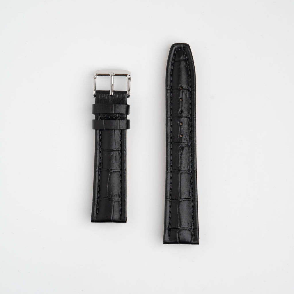 Black Mayfair Contour watch strap, laid flat with its buckle
