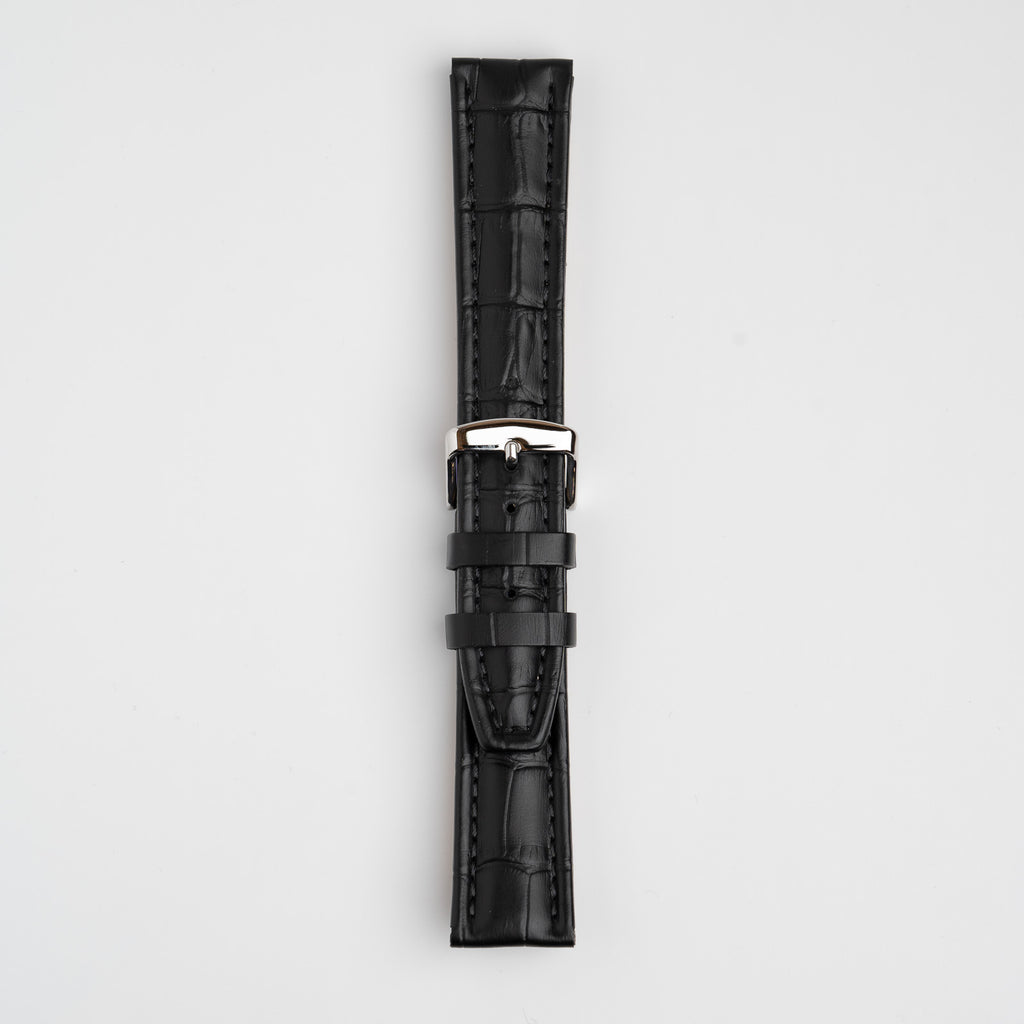 Black Mayfair Contour watch strap, buckled, front view