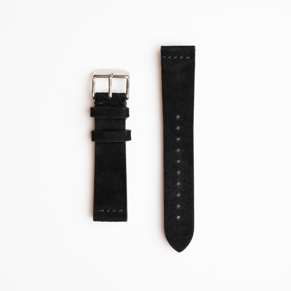 A black coloured napped suede watch strap with a silver buckle available in 18mm, 20mm & 22mm, displayed flat on a white background.