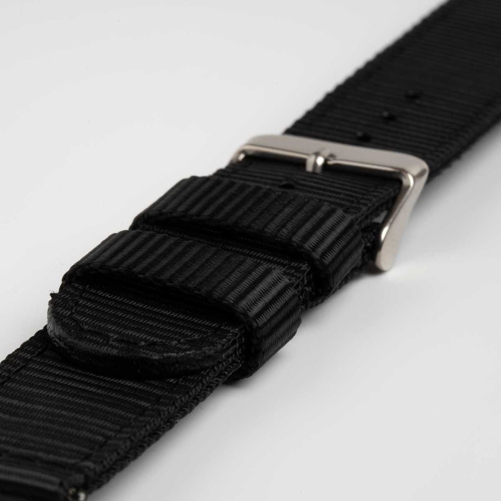 Nylon Quick Release Black Watch Strap, close-up of the buckle and keepers