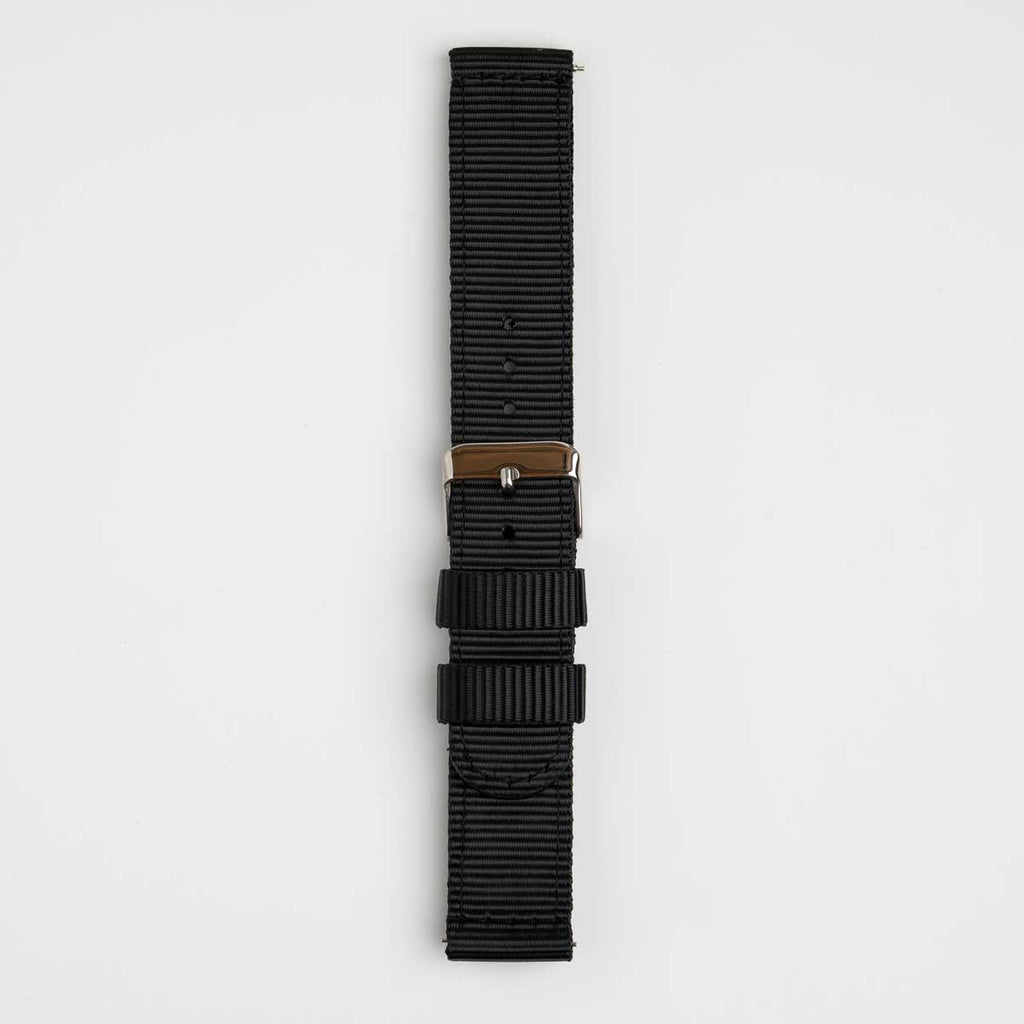 Nylon Quick Release Black Watch Strap, buckled up, front view