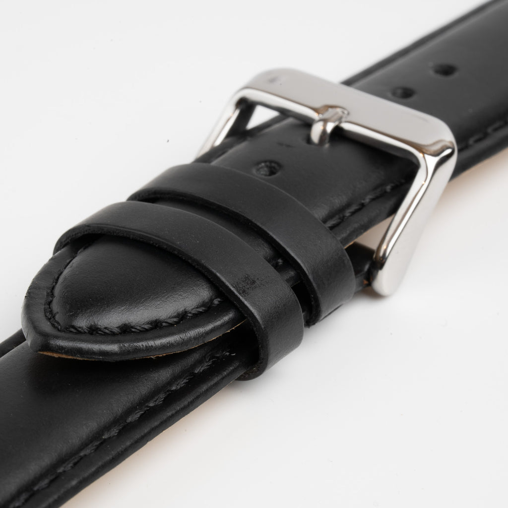 Padded Calf XL Black Watch Strap, close-up of the buckle and keepers