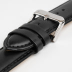 Padded Calf XL Black Watch Strap, close-up of the buckle and keepers
