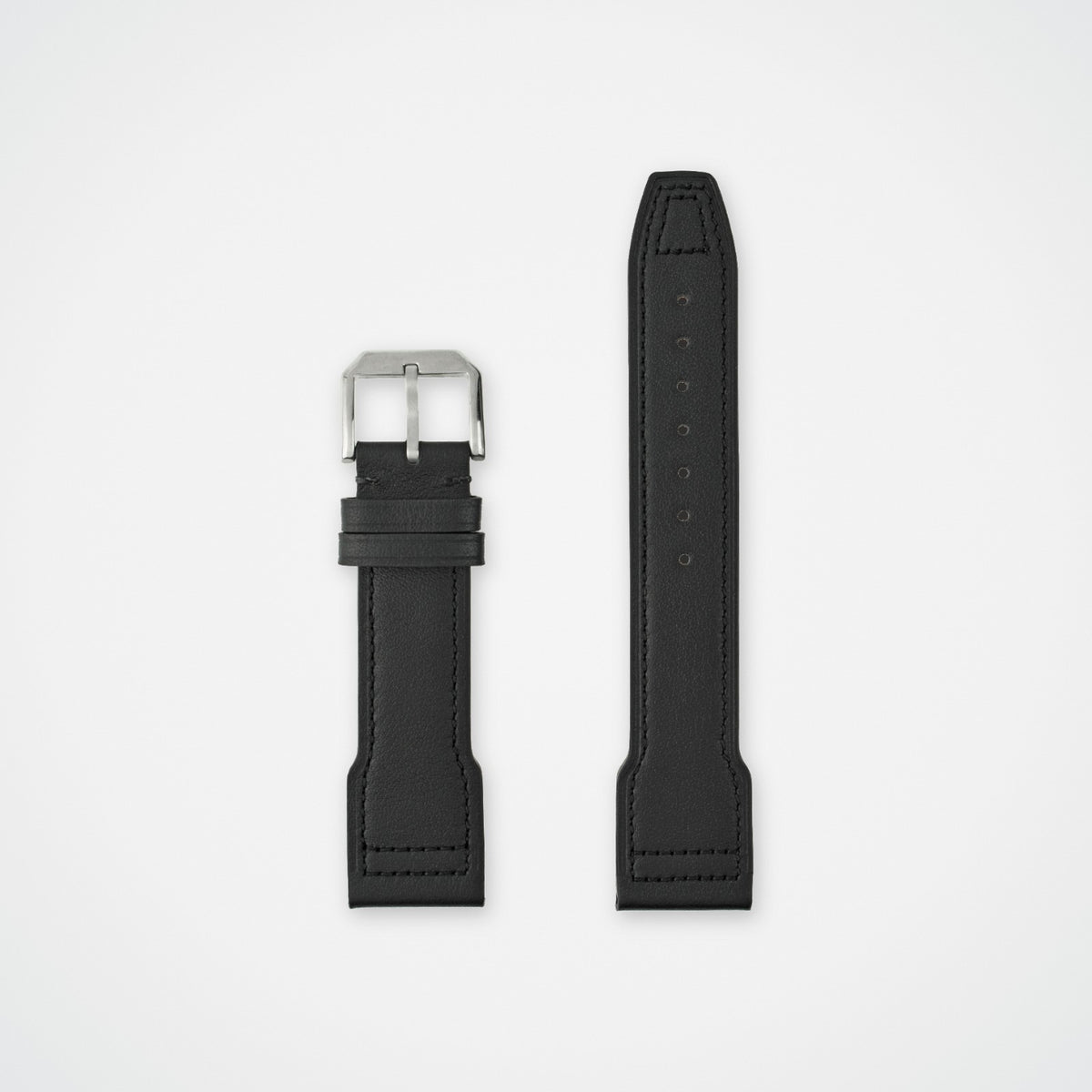 Black pilot stitched leather watch strap for IWC, laid flat