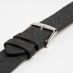 Pineapple Leaf Black Watch Strap, close-up of the buckle and keepers