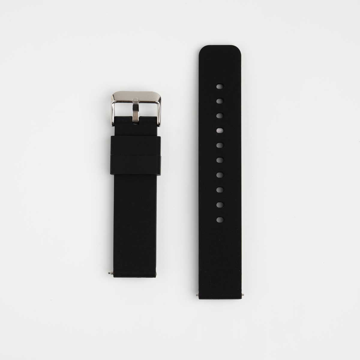 A black silicone watch strap with a silver buckle on a white background.