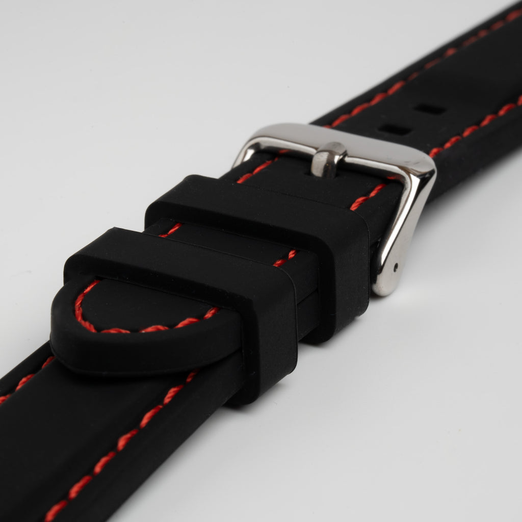 Submerge Extent Black & Red Watch Strap, close-up of the buckle and keepers