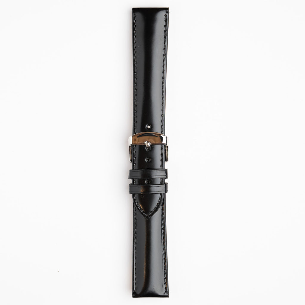 Henley Superior Gloss Black Watch Strap, buckled up, front view