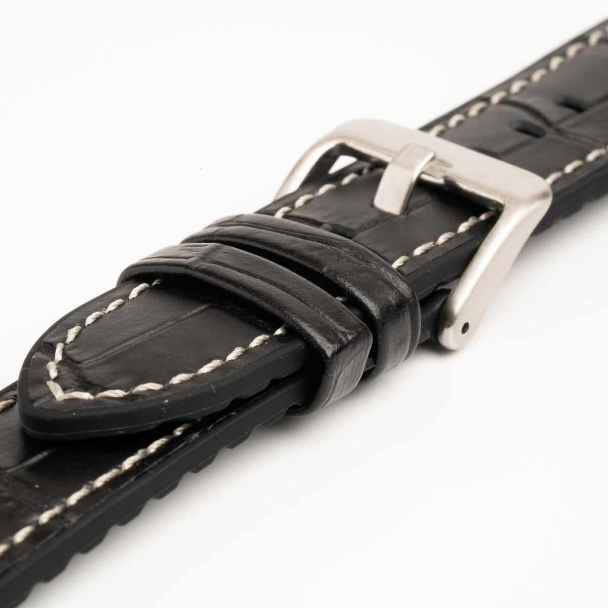 Black Mayfair Active watch strap, close-up of the buckle and keepers