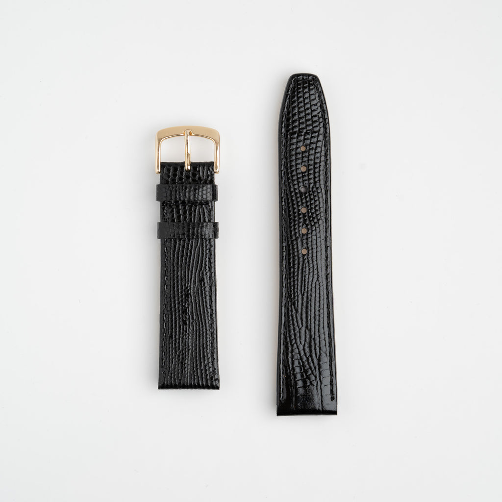 Teju Lizard Black Watch Strap, both pieces laid flat