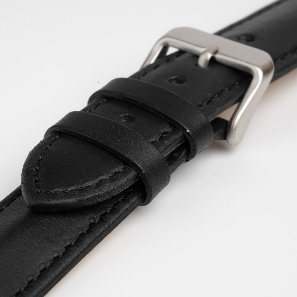 Triangular Padded Black Watch Strap, close-up of the buckle and keepers