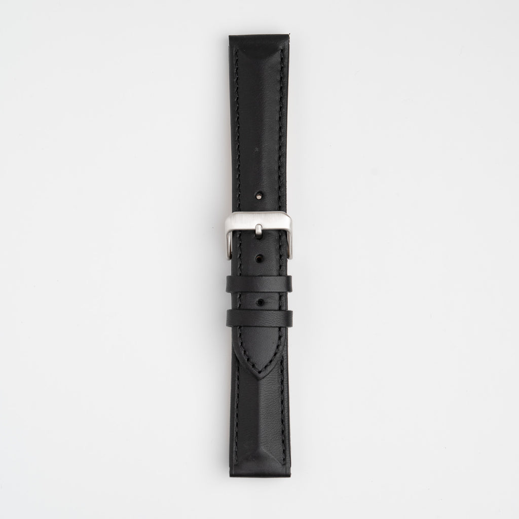 Triangular Padded Black Watch Strap, buckled up, front view