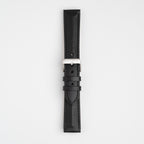 Triangular Padded Black Watch Strap, buckled up, front view
