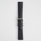 Windsor Smooth black leather watch strap buckled up, front view