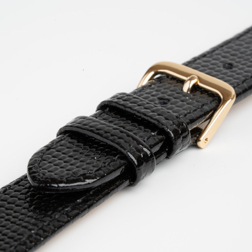 Lizard Value Black Watch Strap, close-up of the buckle and keepers
