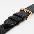 Lizard Value Black Watch Strap, close-up of the buckle and keepers