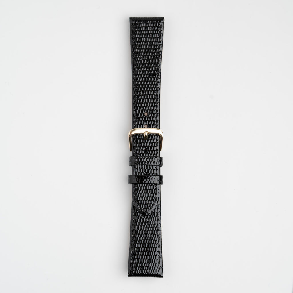 Lizard Value Black Watch Strap, buckled up, front view