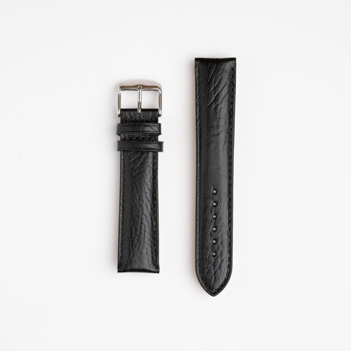 Black Mayfair Vintage Grain watch strap, laid flat with its buckle