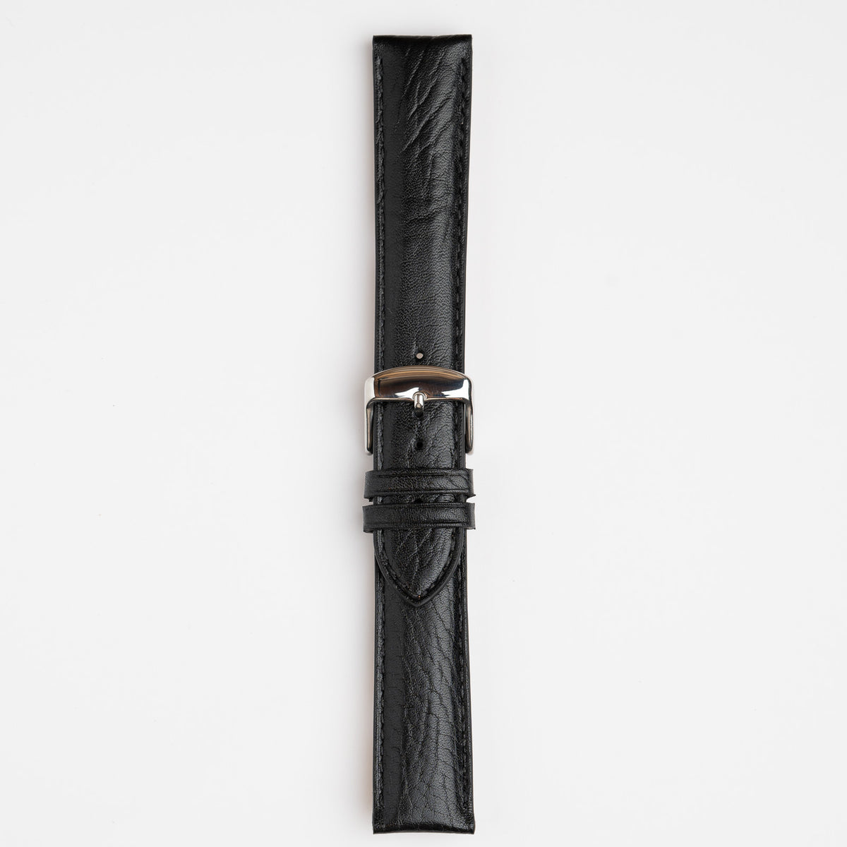 Black Mayfair Vintage Grain watch strap, buckled, front view