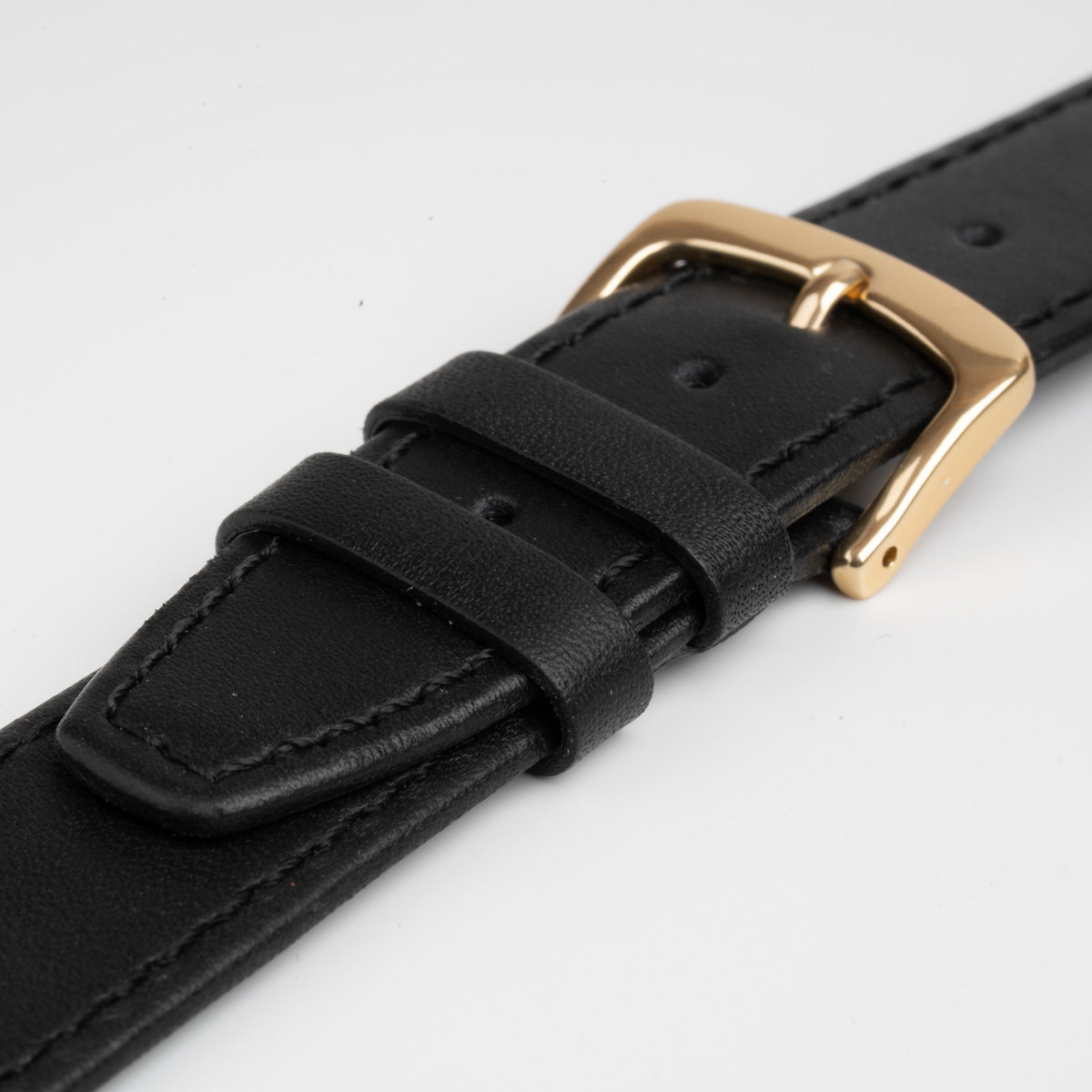 Water Resistant Stitched Black Watch Strap, close-up of the buckle and keepers