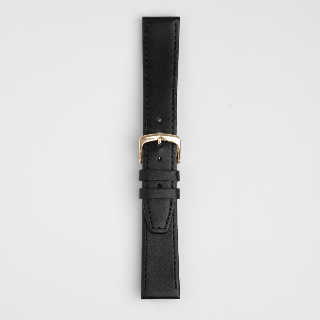 Water Resistant Stitched Black Watch Strap, buckled up, front view