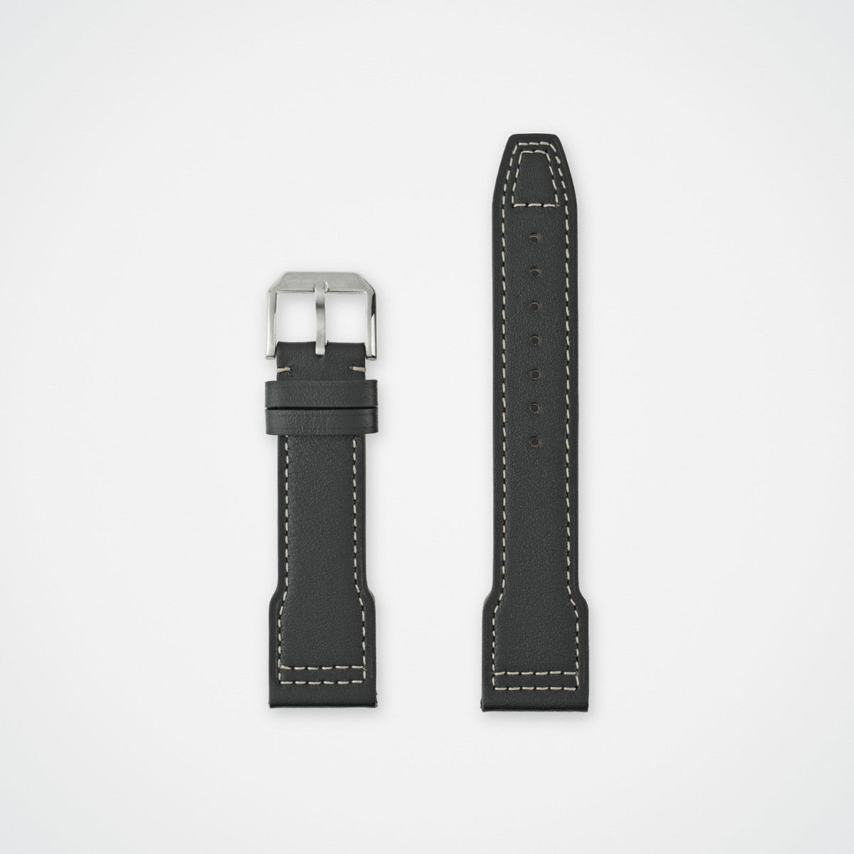 Black pilot leather watch strap for IWC with white stitching, laid flat