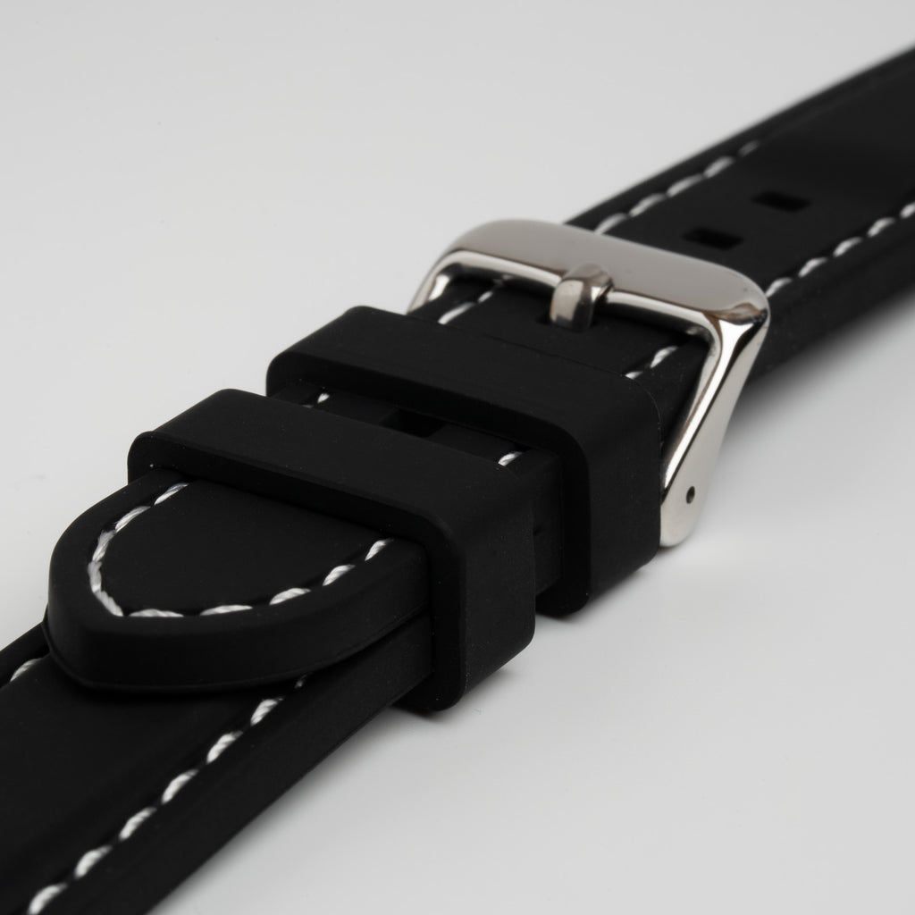 Submerge Extent Black & White Watch Strap, close-up of the buckle and keepers